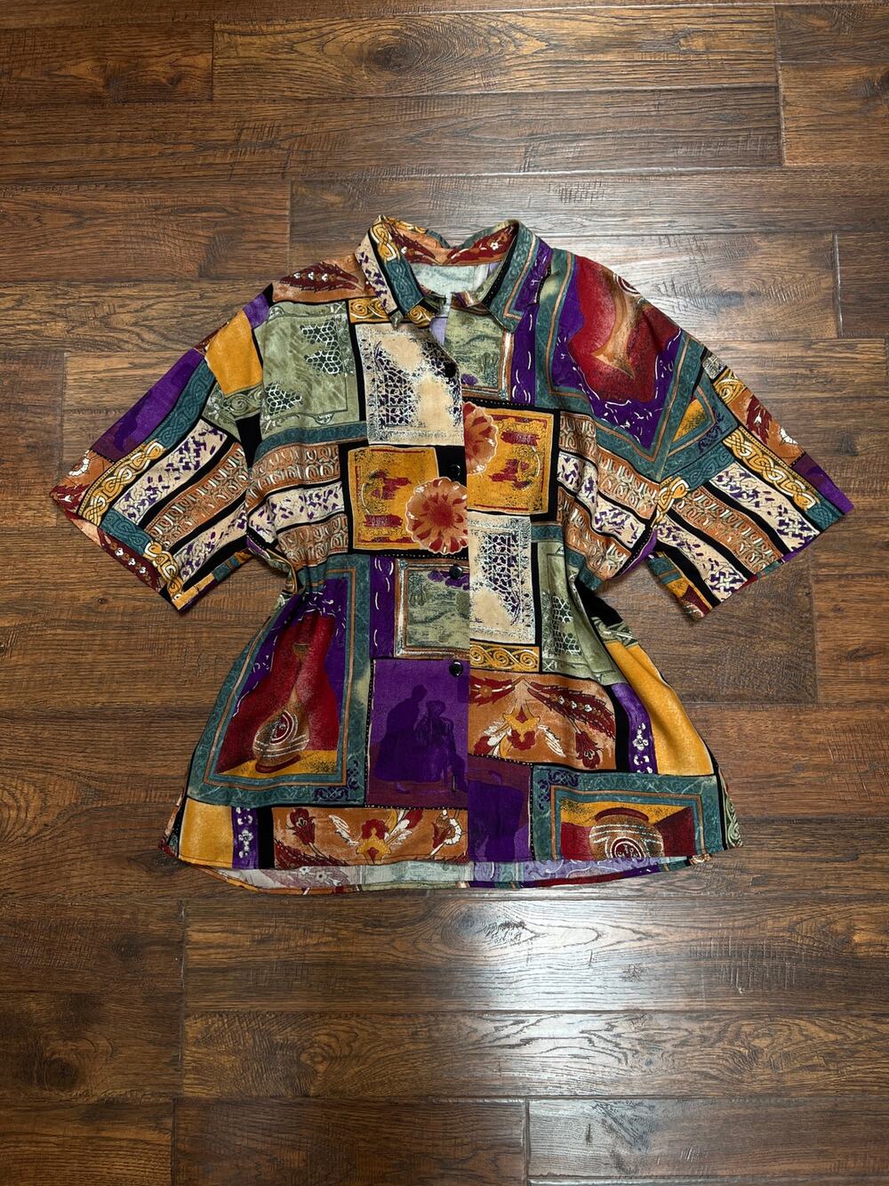 Vintage Rayon Camp Shirt Abstract Patchwork Print Multicolor Button Front Medium